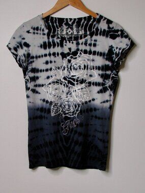 Guess Y2K Floral Rhinestone Tee Shirt Blue White Gray Tie Dye Studs Size Medium